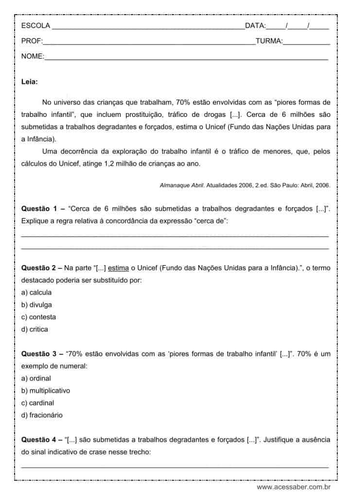 Atividade de língua portuguesa: Concordância, Cerca de - 9º ano