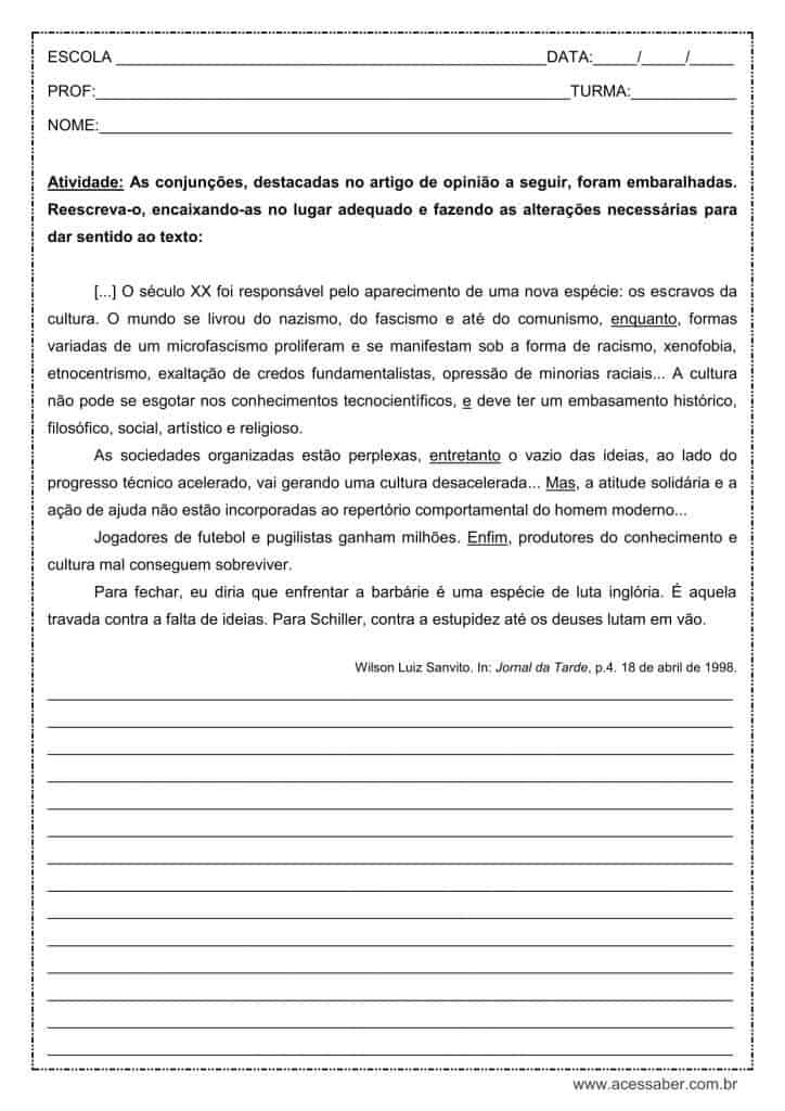 Atividade de língua portuguesa: Conjunções - 1º ano do ensino médio