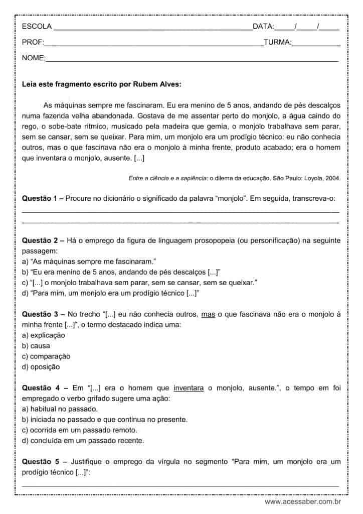 Atividade de língua portuguesa: Figura de linguagem, Prosopopeia - 1º ano do ensino médio