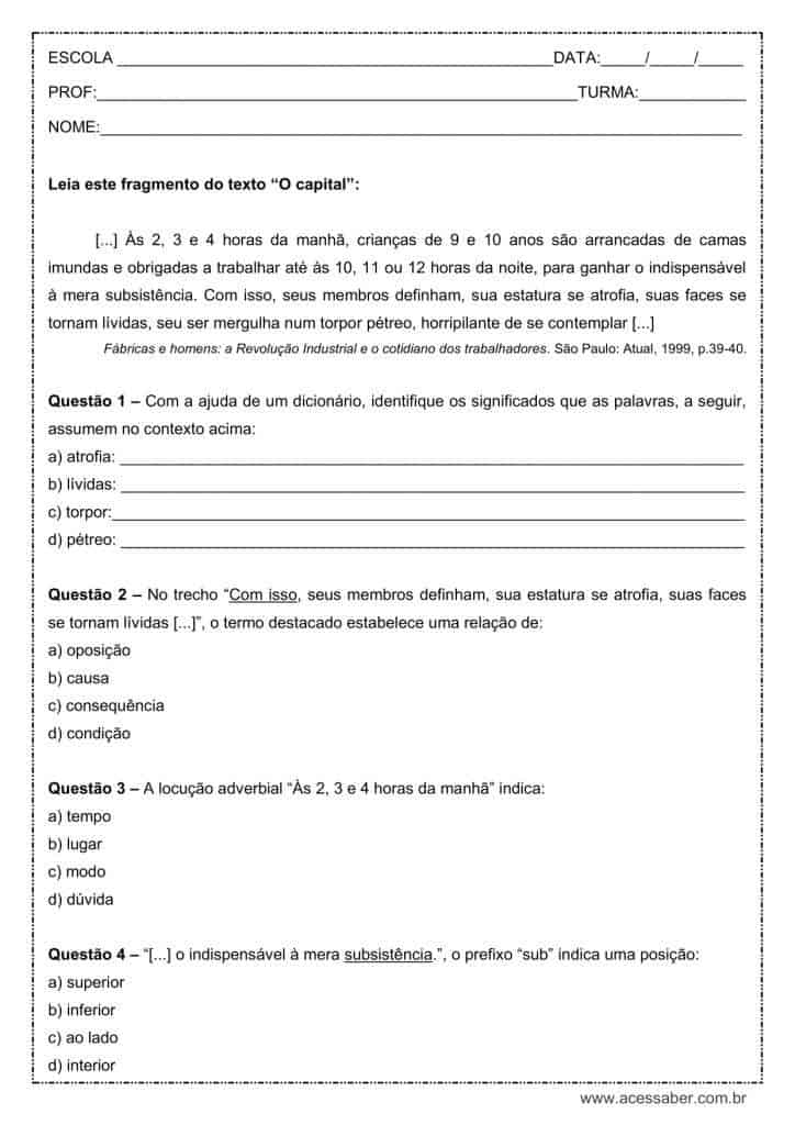 Atividade de língua portuguesa: Locução adverbial- 8º ano