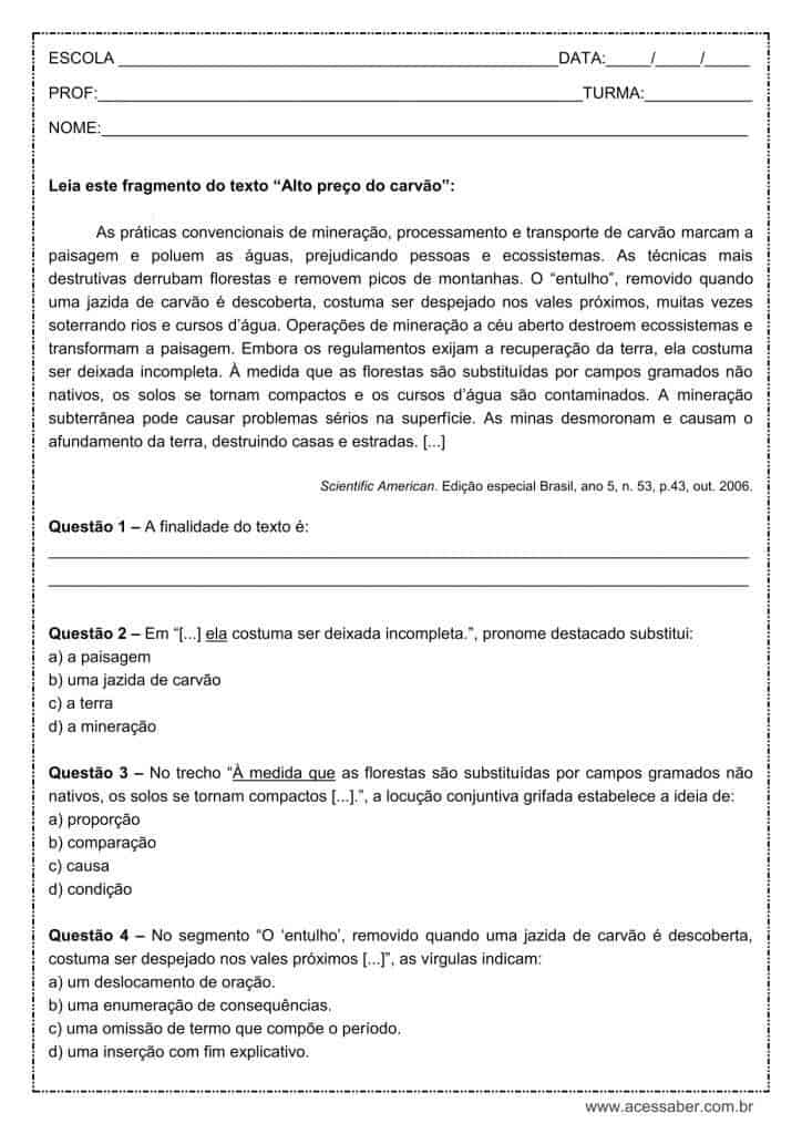 Atividade de língua portuguesa: Locução conjuntiva - 1º ano do ensino médio