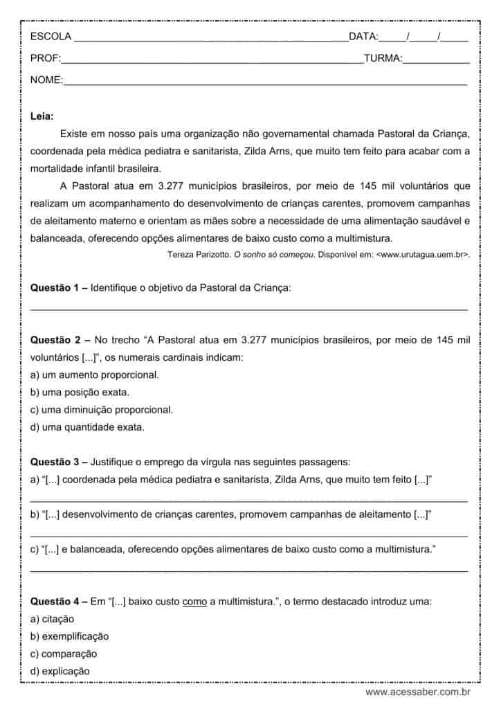 Atividade de língua portuguesa: Numeral cardinal - 8º ano