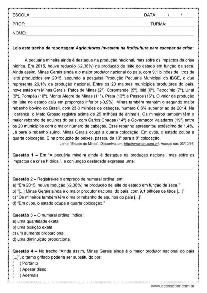 Atividade de português: Numeral ordinal - 8º ano