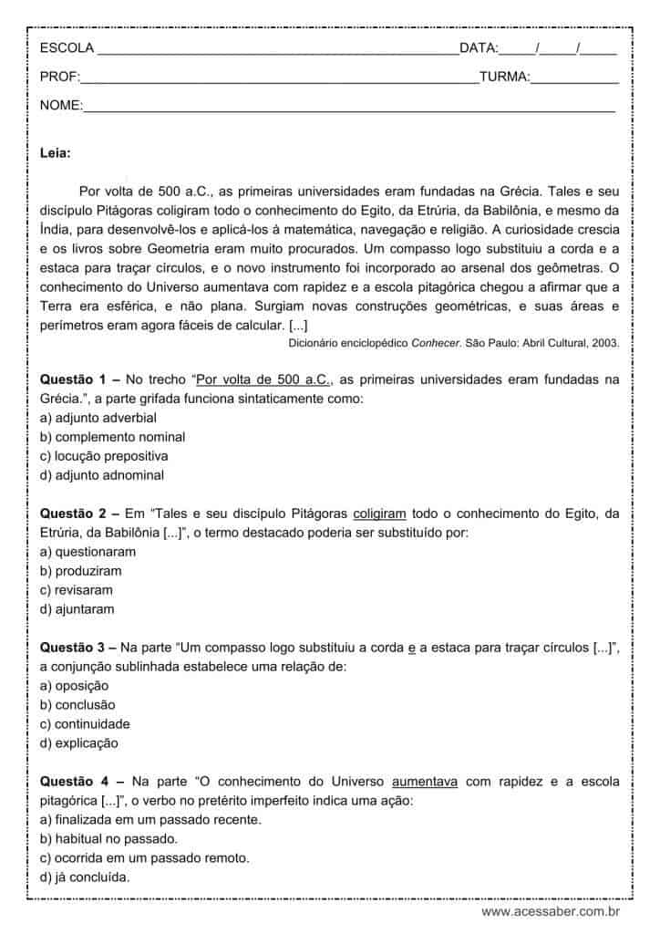Atividade de língua portuguesa: Pretérito imperfeito - 9º ano