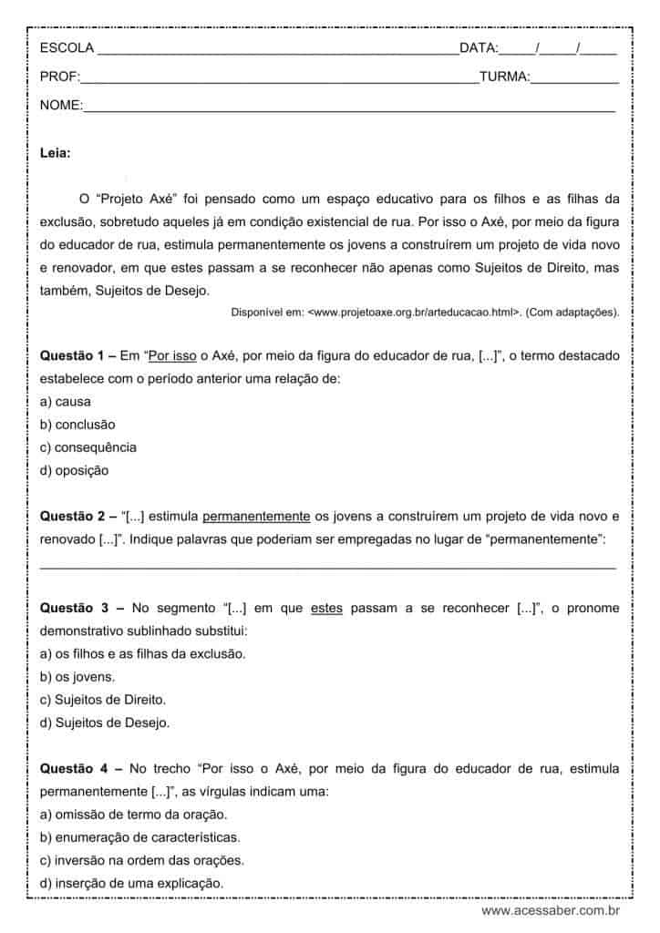Atividade de português: Pronome demonstrativo - 9º ano