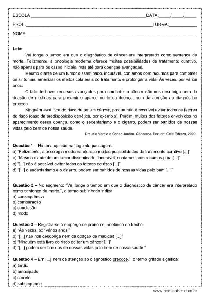 Atividade de língua portuguesa: Pronome indefinido - 8º ano