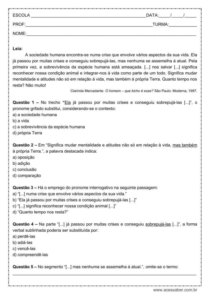 Atividade de língua portuguesa: Pronome interrogativo - 9º ano