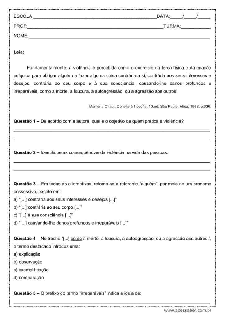 Atividade de português: Pronome possessivo - 8º ano