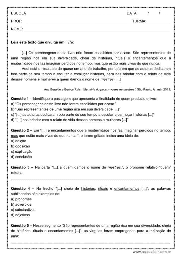 Atividade de língua portuguesa: Pronome relativo, Quem - 8º ano