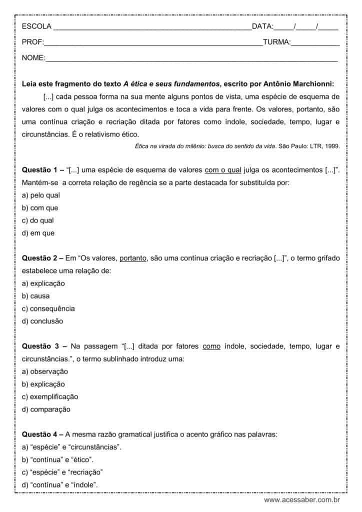 Atividade de português: Regência nominal - 9º ano