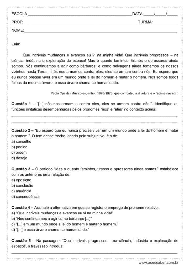 Atividade de língua portuguesa: Sujeito e complemento - 1º ano do ensino médio