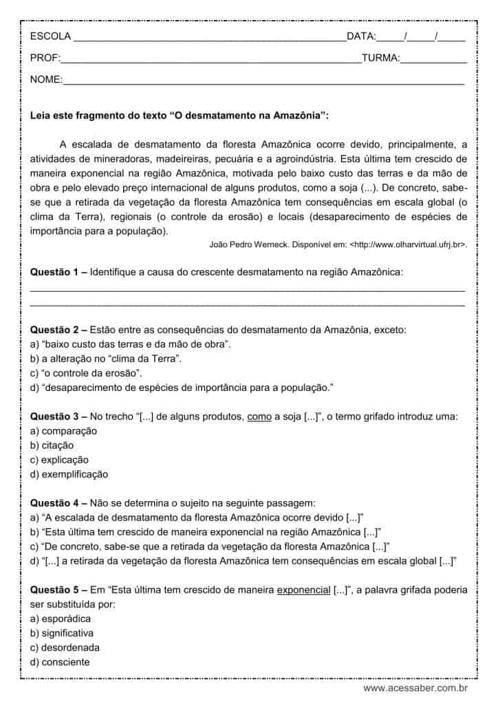 Atividade de língua portuguesa: Sujeito indeterminado - 7º ano