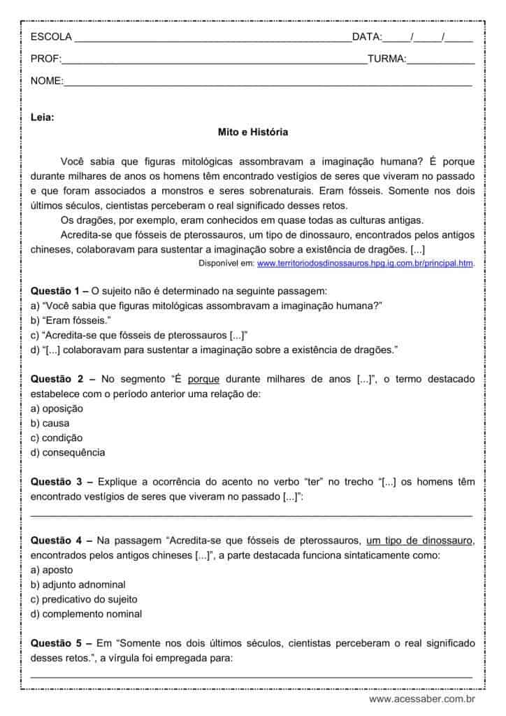 Atividade de português: Sujeito indeterminado - 8º ano