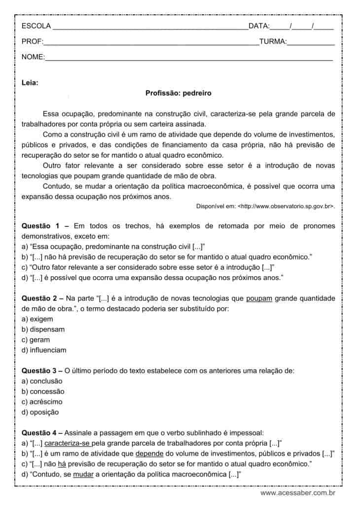 Atividade de língua portuguesa: Pronomes demonstrativos - 9º ano