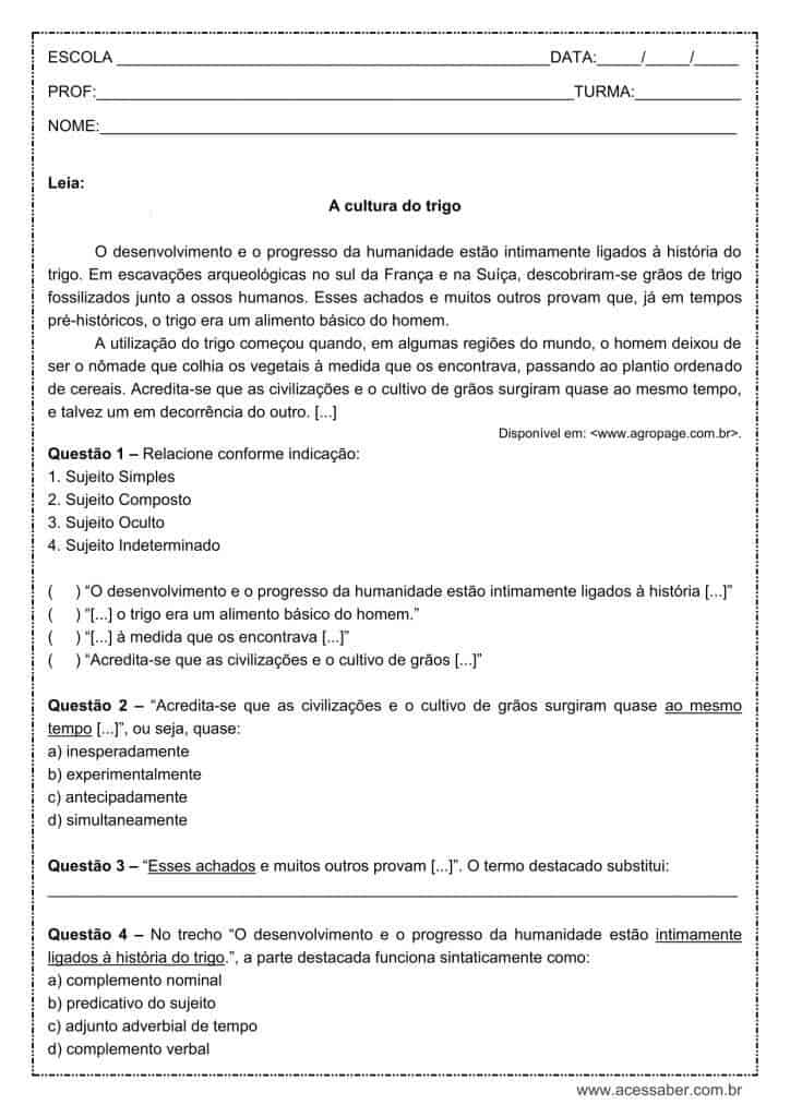 Atividade de língua portuguesa: Tipos de Sujeito - 9º ano