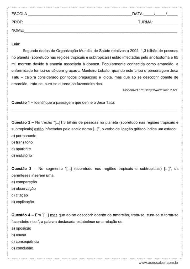 Atividade de língua portuguesa: Verbo de ligação - 8º ano