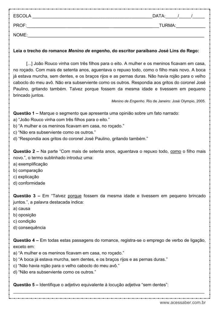 Atividade de língua portuguesa: Verbo de ligação - 9º ano