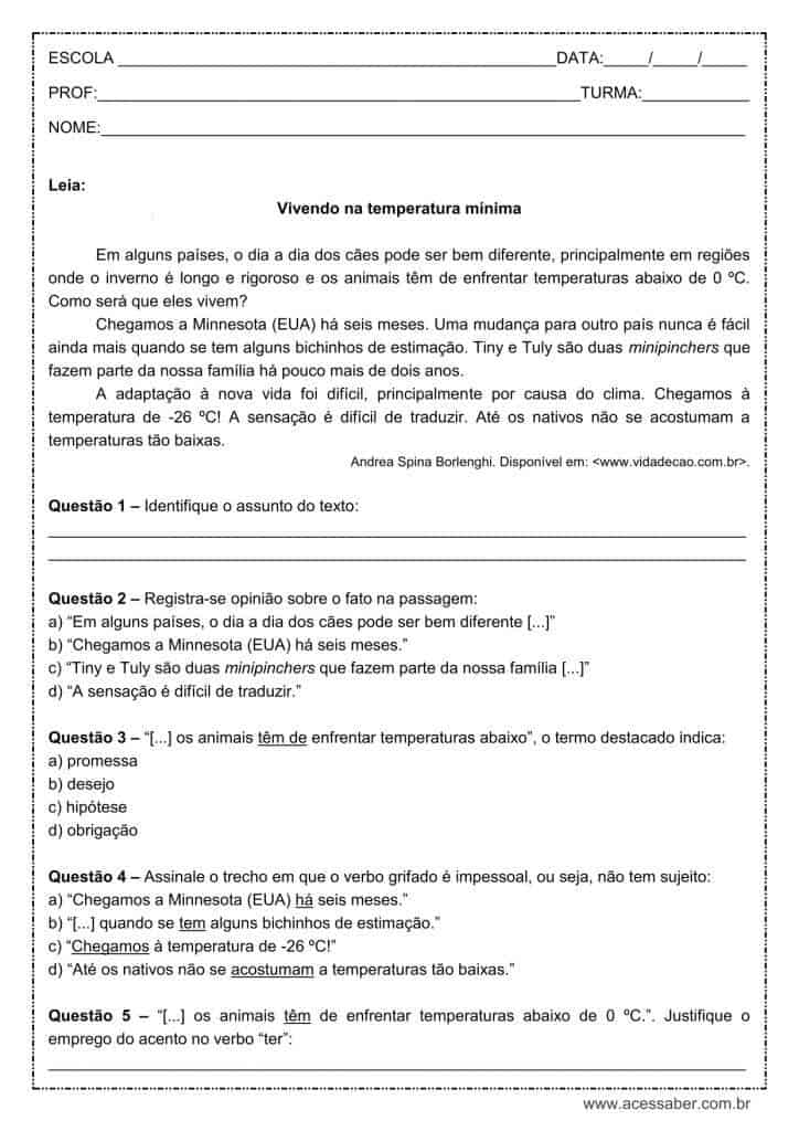 Atividade de língua portuguesa: Verbo impessoal - 9º ano