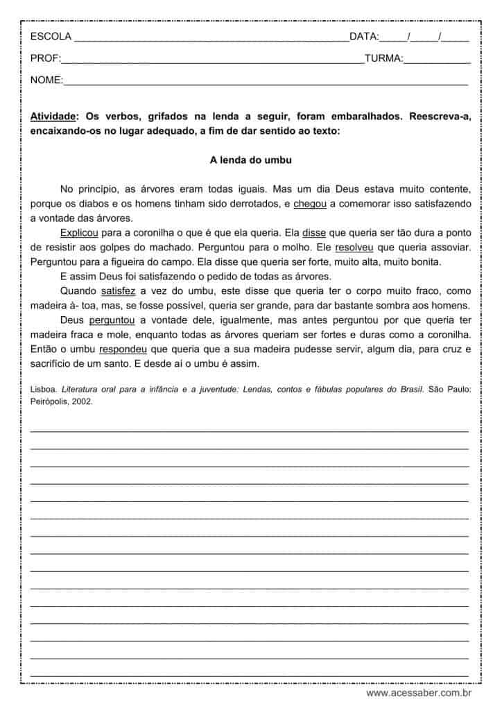Atividade de língua portuguesa: Verbos no passado - 7º ano