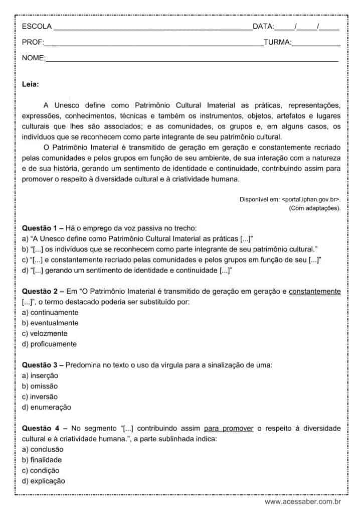 Atividade de língua portuguesa: Voz passiva - 8º ano