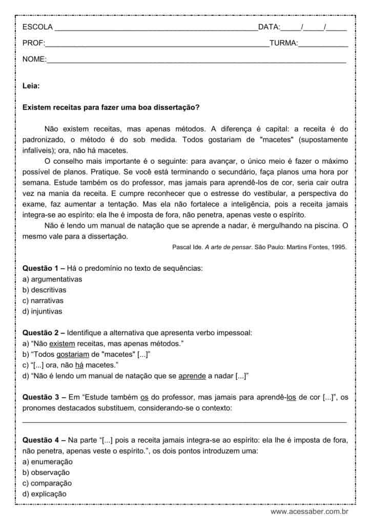 Atividade de português: Dois pontos - 1º ano do ensino médio