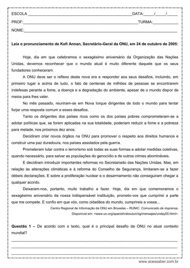 Interpretação de texto: Discurso do Secretário Geral da ONU - 9º ano