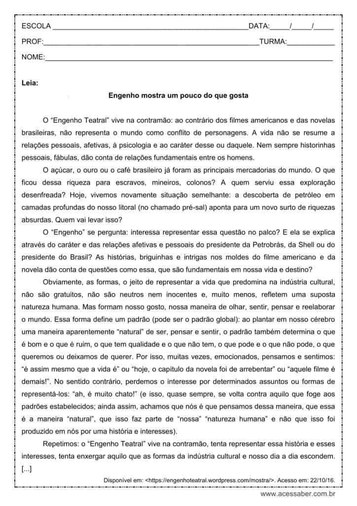 Interpretação de texto: Engenho Teatral - 1º ano do ensino médio