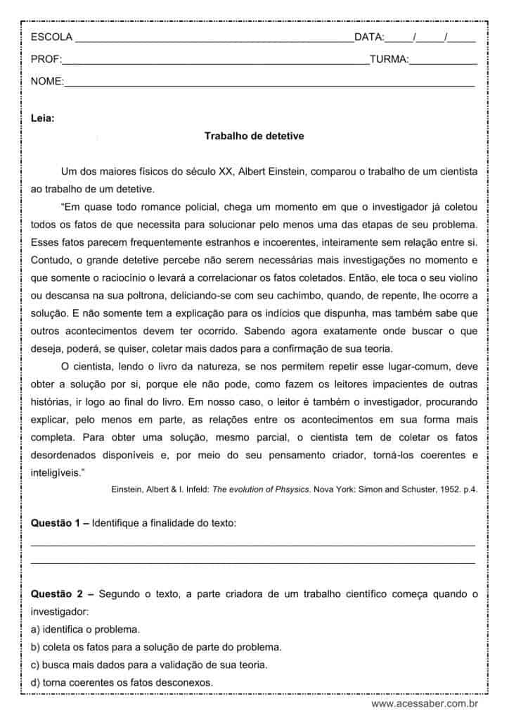 Interpretação de texto: Trabalho de detetive - 2º ano do ensino médio