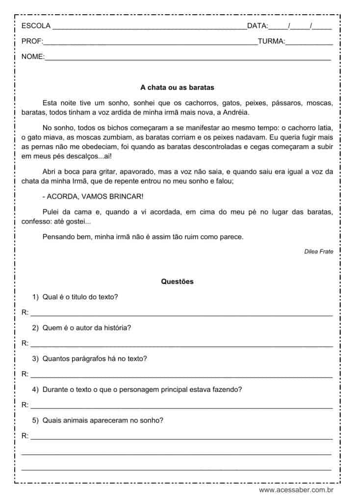 Interpretação de texto: A chata ou as baratas - 3º ou 4º ano