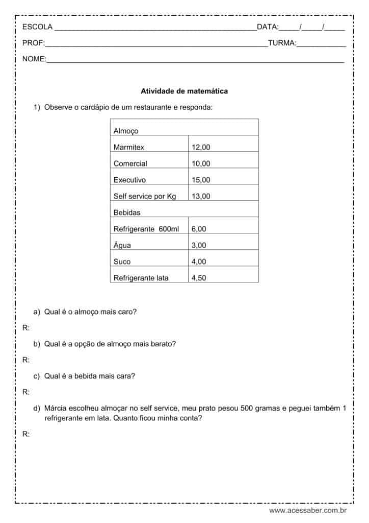 Atividade de matemática: Tabelas - 4º ou 5º ano