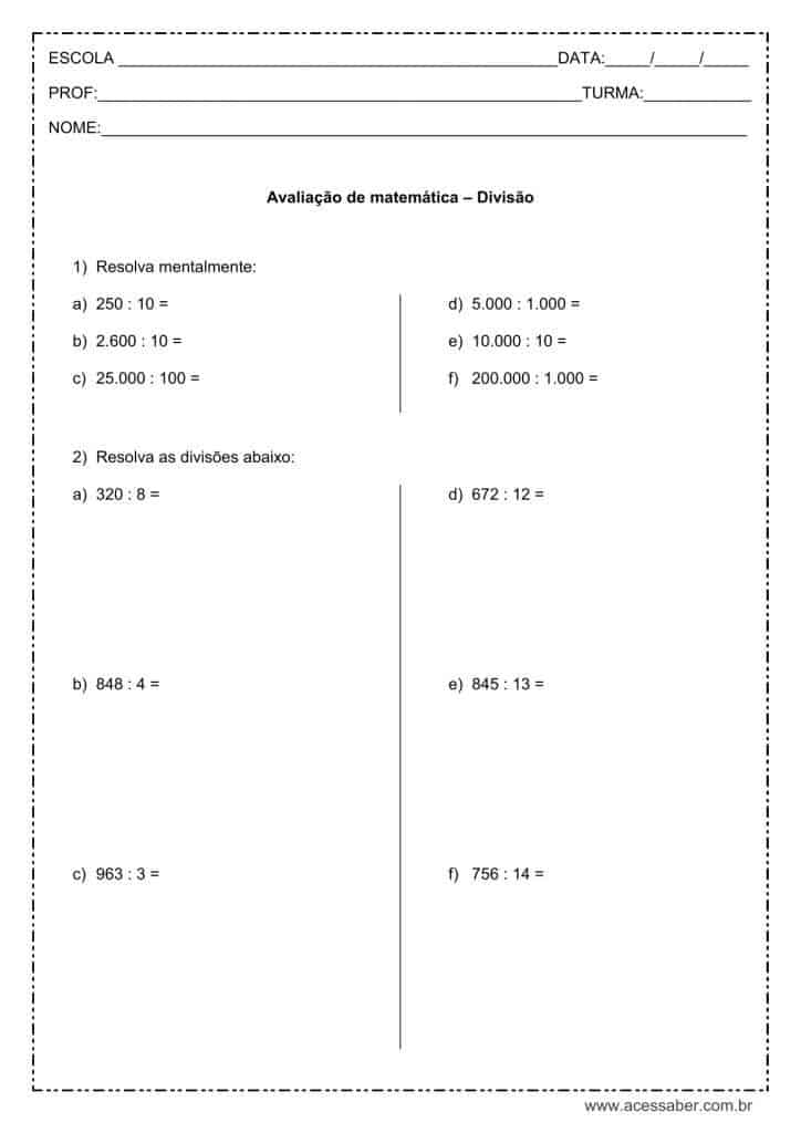 prova de matemática: Divisão - 4º ano