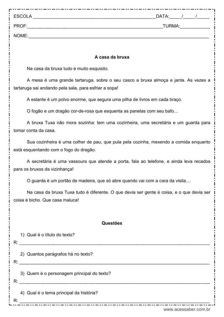 Interpretação de texto: A casa da bruxa - 3º ou 4º ano