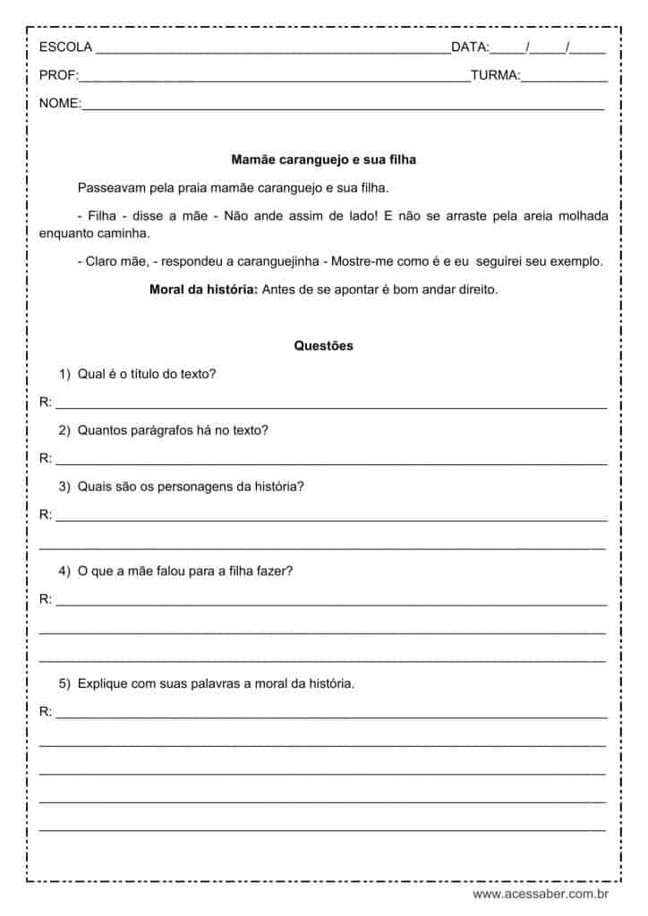 Interpretação de texto: Mamãe caranguejo e sua filha - 3º ou 4º ano