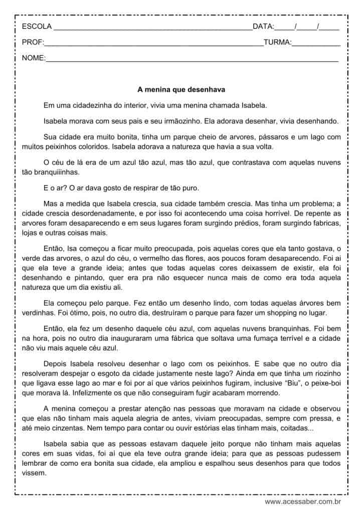 Interpretação de texto: A menina que desenhava - 4º ou 5º ano