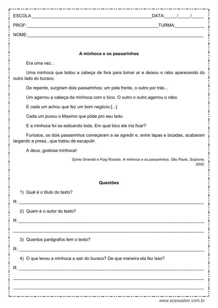 Interpretação de texto: A minhoca e os passarinhos - 3º ou 4º ano