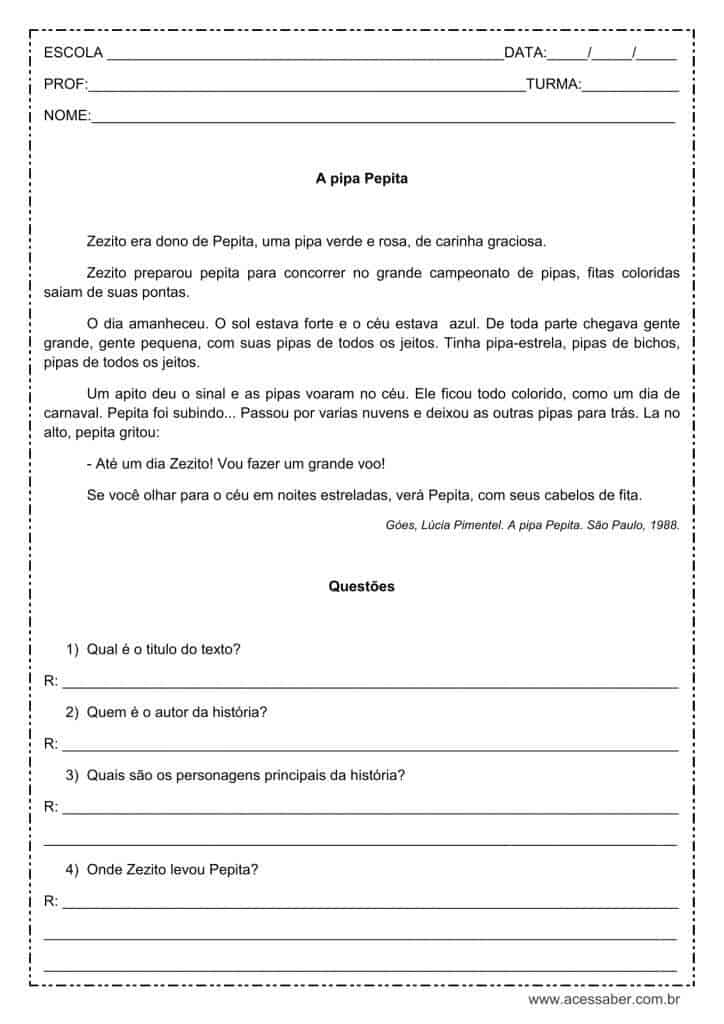 Interpretação de texto: A pipa Pepita - 2º ou 3º ano
