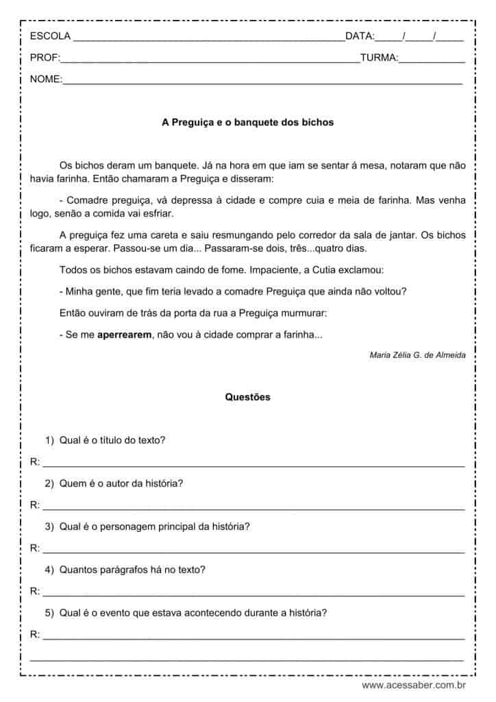 Interpretação de texto: A Preguiça e o banquete dos bichos - 4º ou 5º ano