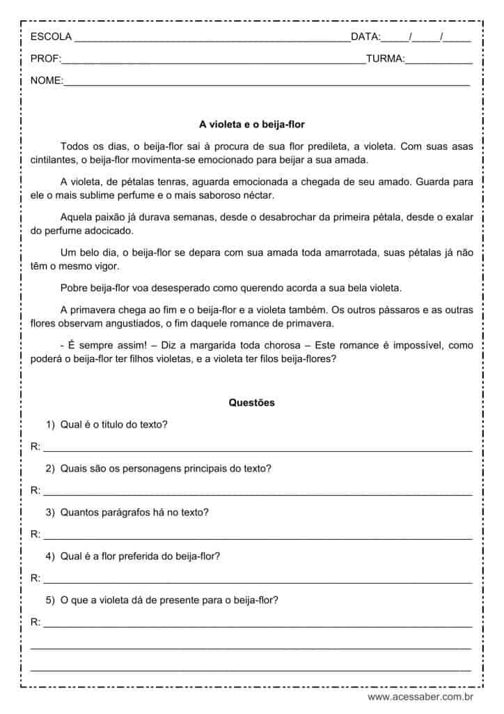 Interpretação de texto: A violeta e o beija-flor - 4º ou 5º ano