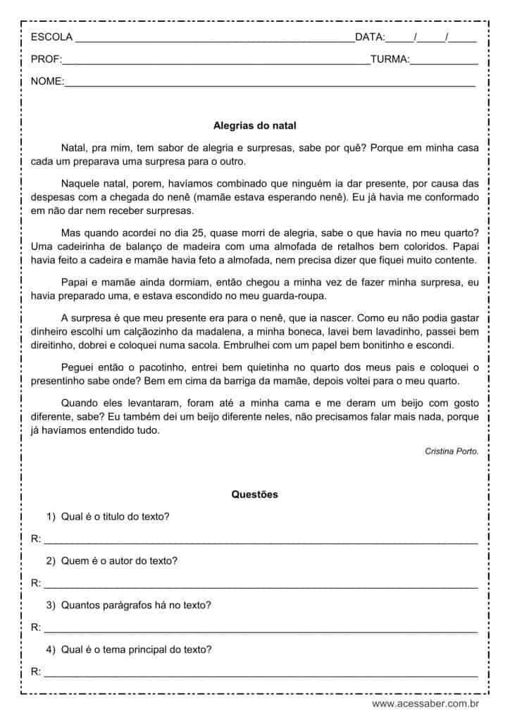 Interpretação de texto: Alegrias do natal - 4º ou 5º ano