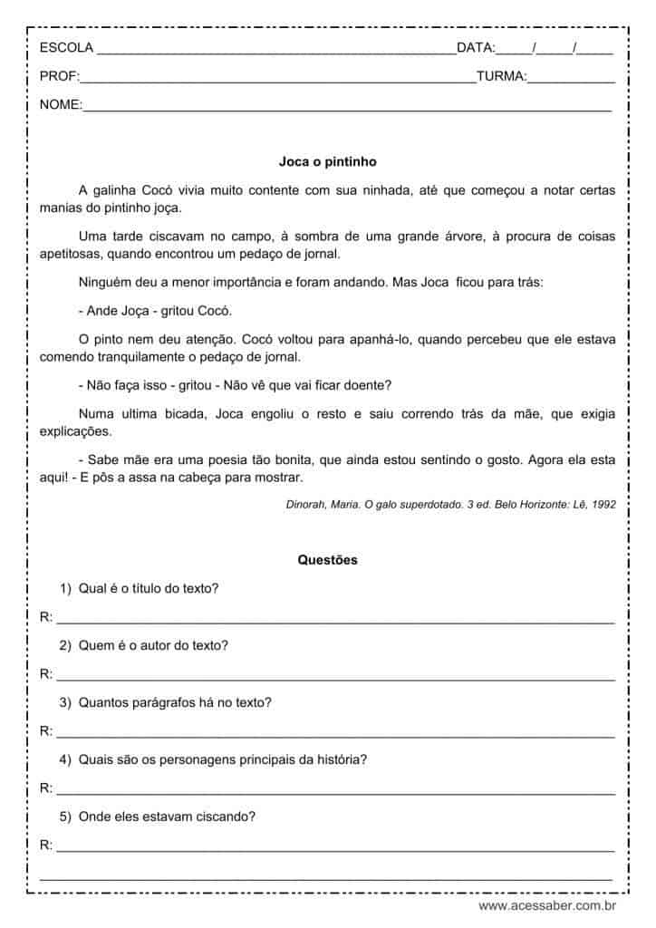 Interpretação de texto: Joca o pintinho - 4º ou 5º ano