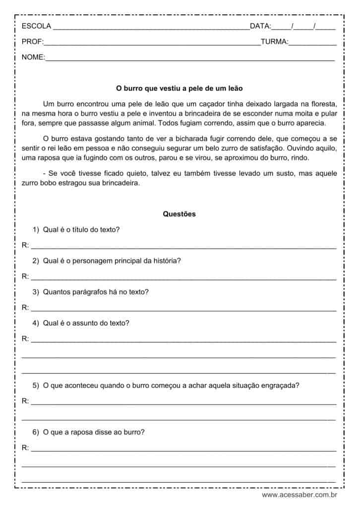 Atividade de interpretação de texto: O burro que vestiu a pele de um leão - 4º ou 5º ano