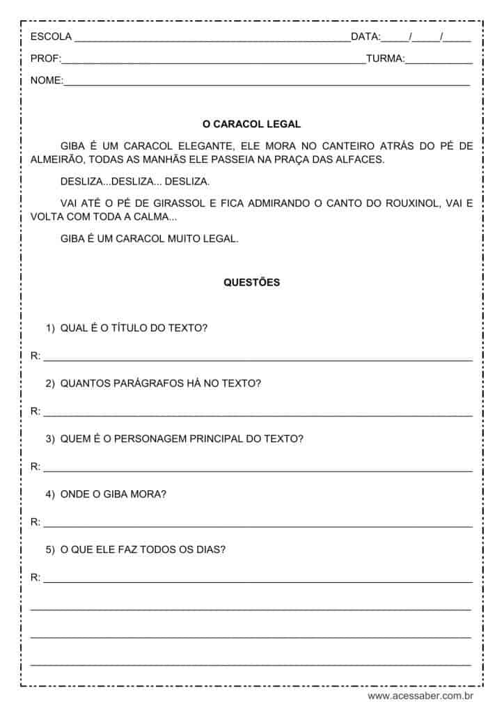 Interpretação de texto: O caracol legal - 1º ou 2º ano