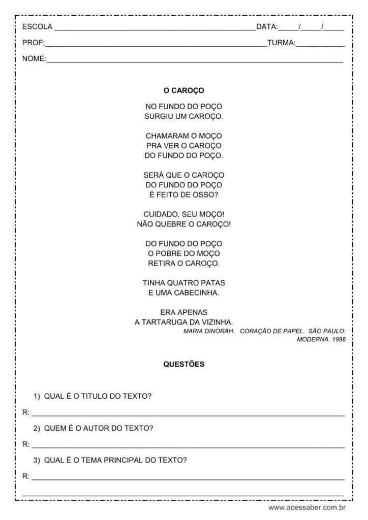 Interpretação de texto: O caroço - 1º ou 2º ano