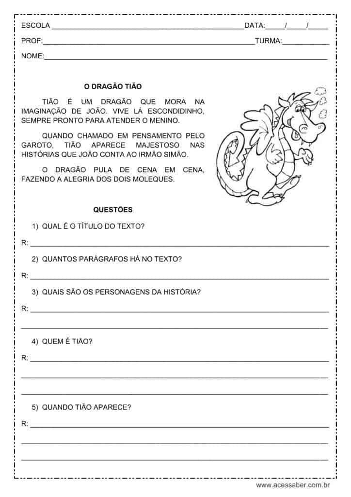 Interpretação de texto: O dragão Tião - 1º ou 2º ano