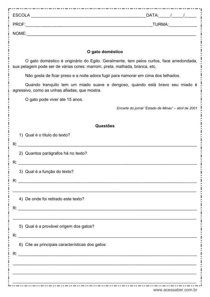 Interpretação de texto: O gato doméstico - 3º ou 4º ano