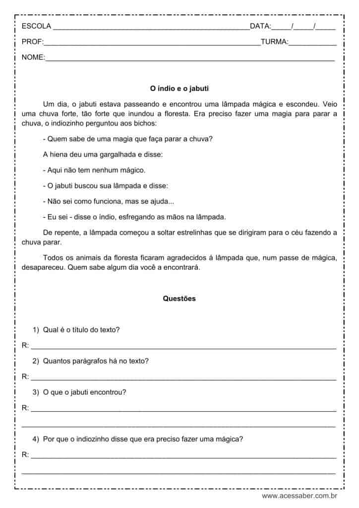 Interpretação de texto: O índio e o jabuti - 2º ou 3º ano