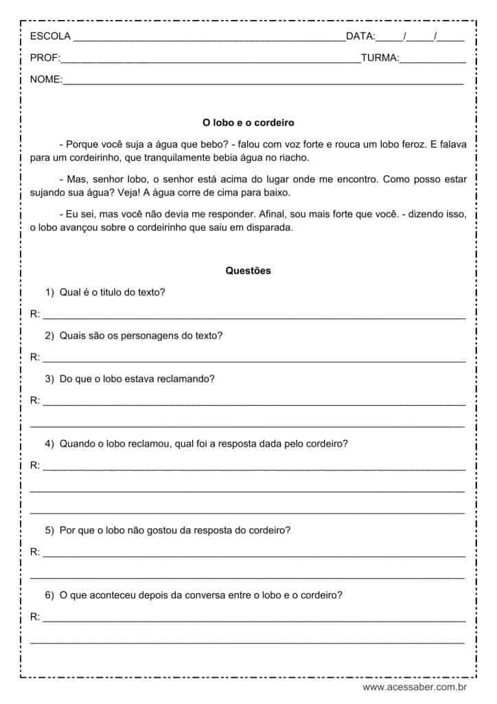 Interpretação de texto: O lobo e o cordeiro - 2º ou 3º ano