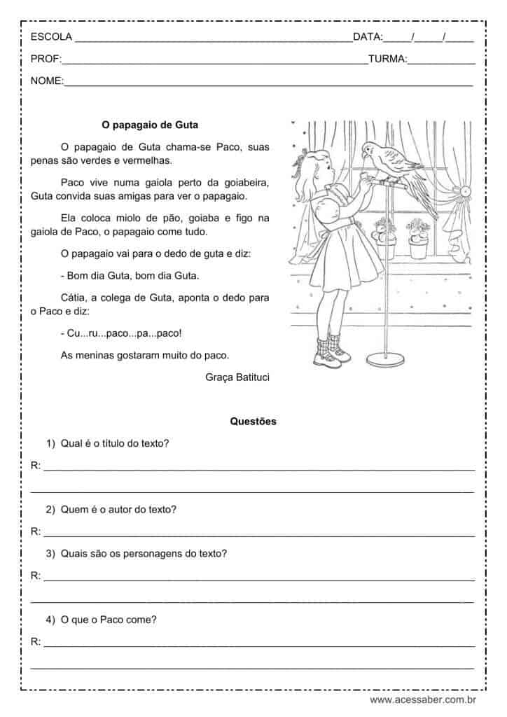 atividade de interpretação de texto: O papagaio de Guta - 1º ou 2º ano