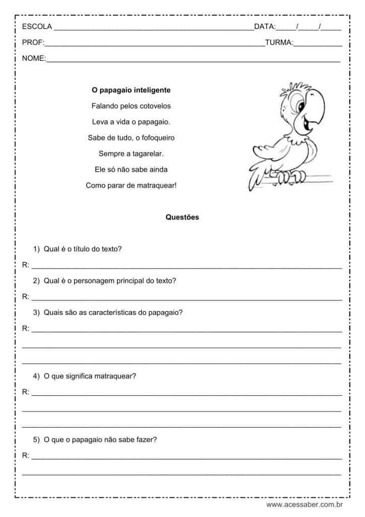 Interpretação de texto: O papagaio inteligente - 3º ou 4º ano