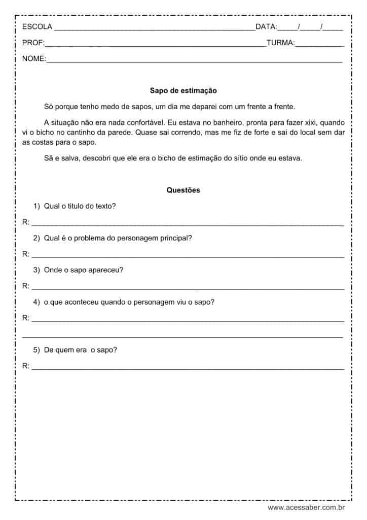 Interpretação de texto: Sapo de estimação - 2º ou 3º ano